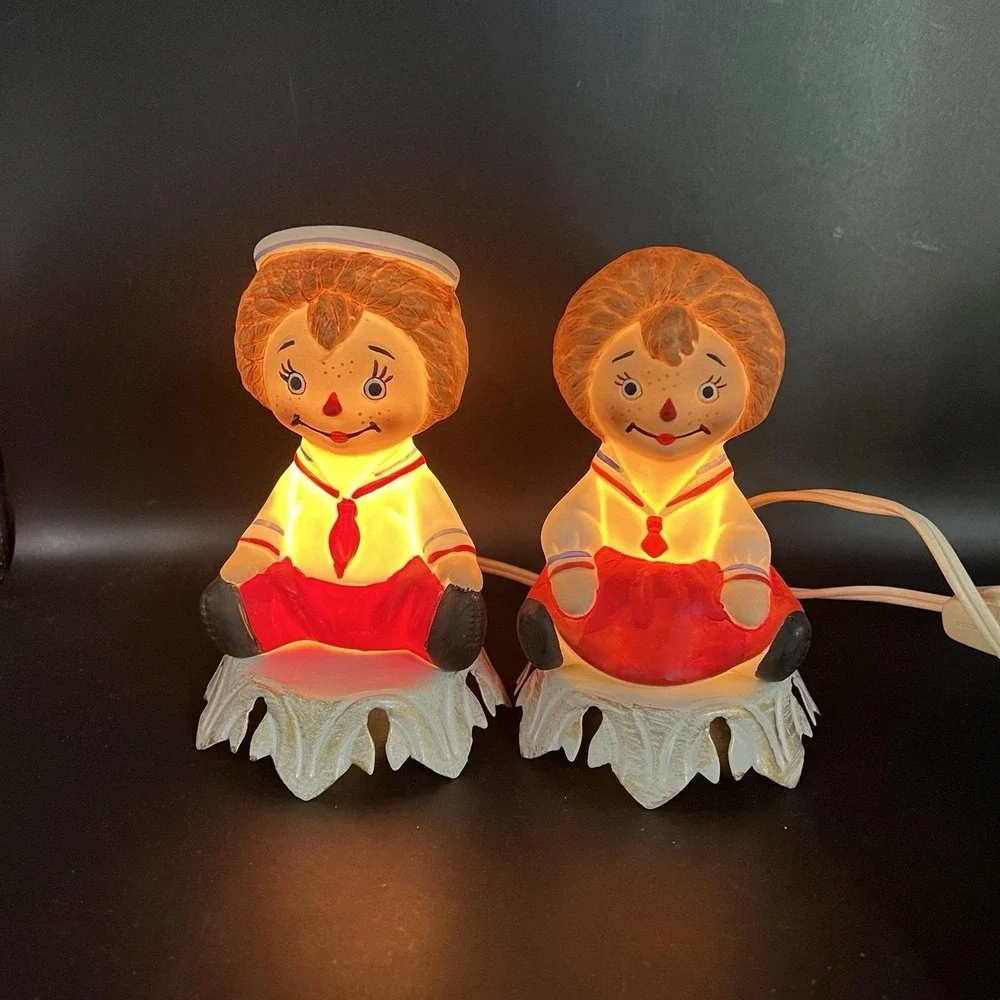 VTG Raggedy Ann & Andy Portable Ceramic Lamp Set Metal‎ Base Underwriter Lab
